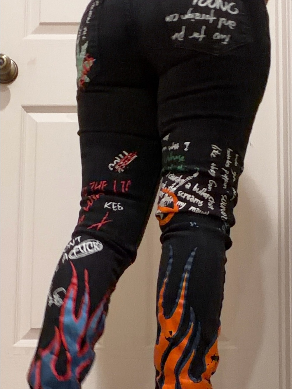 Black Graphic Flame-Print Men's Jeans
